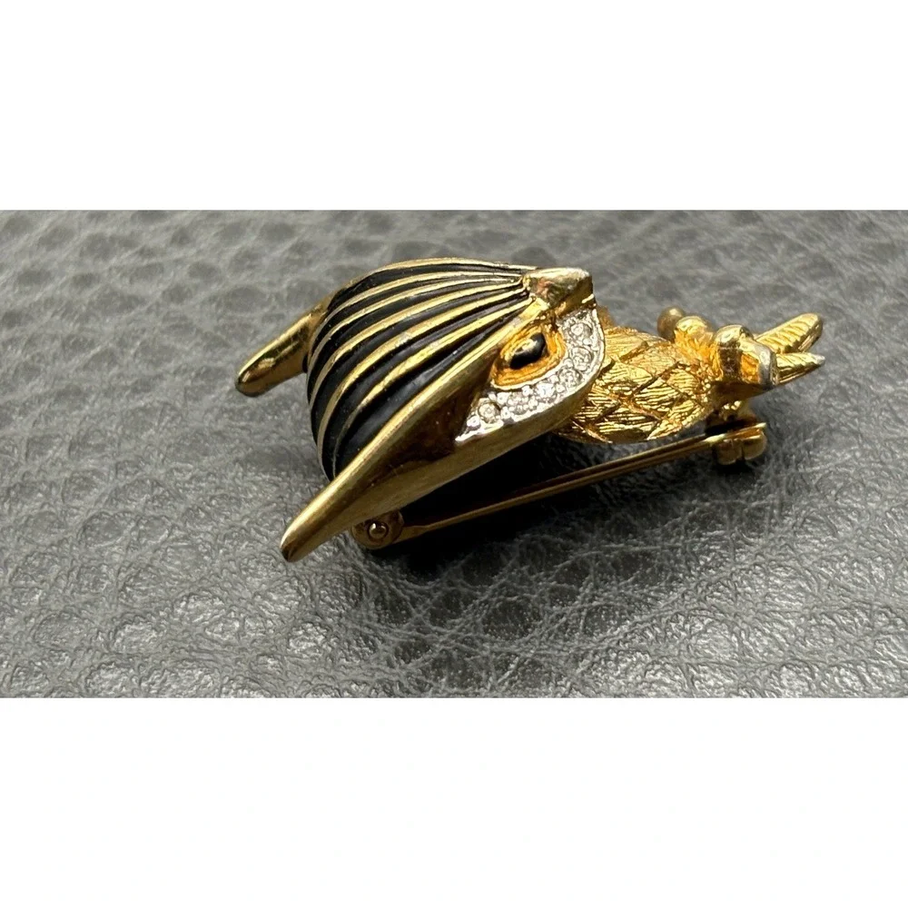 Vintage Jomaz Owl Rhinestone Black Enamel Brooch Pin Gold Tone READ